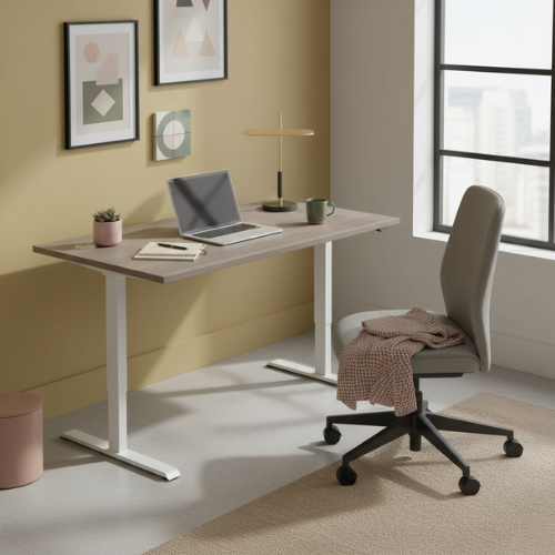 Desk in Cozy Home Office Setting - Electro Elevate Electric Single Motor Height Adjustable Sit Stand Office Desk W1400xD800 Grey Oak Top White Frame 5 Year Warranty